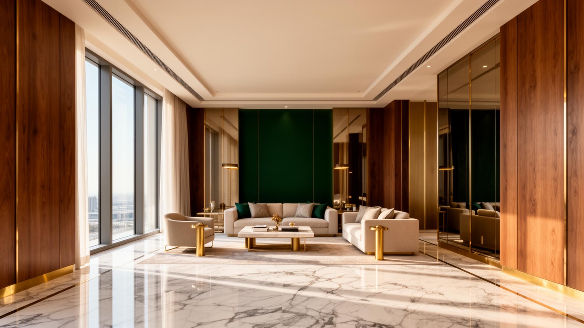 Premium renovated Dubai interior with warm wood, marble and green accents